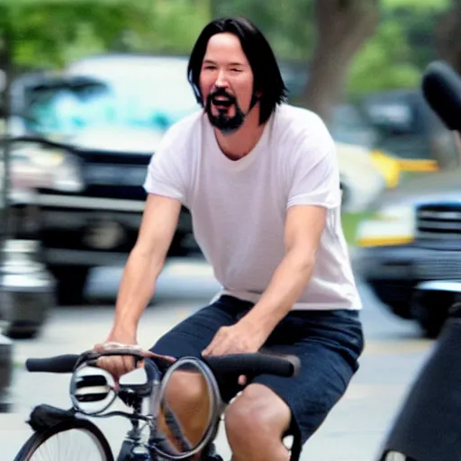 Image similar to Keanu Reeves eating three scoop ice cream cone on a bicycle