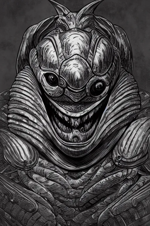 Image similar to armoured warrior clam humanoid monster, symmetrical, highly detailed, digital art, sharp focus, trending on art station, ambient lighting, kentaro miura art style