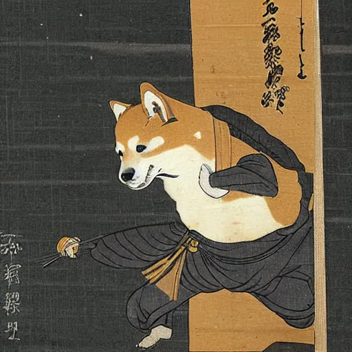 Image similar to shiba inu ninja on a birthday card, highly detailed, 1 8 th century japanese painting,