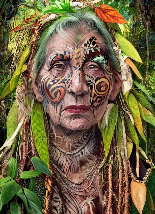 Image similar to a beautiful painted portrait of an old woman in the jungle surrounded by leaves and plants, tribal face paintings, shamanism, matte painting, fantasy art