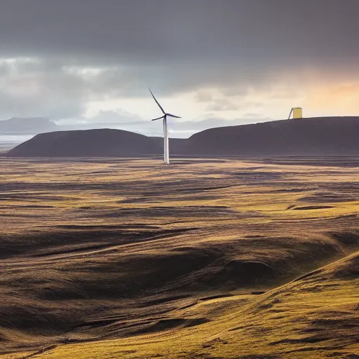 Image similar to humongous wind-turbine in the distance, by Greg Rutkowski, iceland landscape, golden hour, dramatic lighting, epic, gargantuan, intricate detail, 4k, 8k