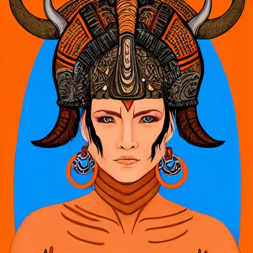 Prompt: illustrated portrait of beautiful ram-horned woman with orange skin and blue hair wearing leather armor, hyper detailed, photorealistic