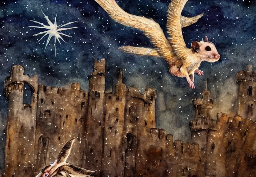 Prompt: winged possum flying over a medieval castle under a dark starred sky, dark fantasy, watercolor, dreaming illusion, highly detailed, 4k, trending on Artstation, award-winning