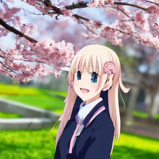 Image similar to Beautiful anime girl grinning while also wearing school attire with cherry blossoms in the background, anime style, 4K