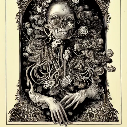 Image similar to a beautiful detailed front view baroque portrait of a rotten woman corpse with fractal plants and fractal flowers and mushrooms growing around, intricate, symmetrical, ornate, bones, art nouveau style