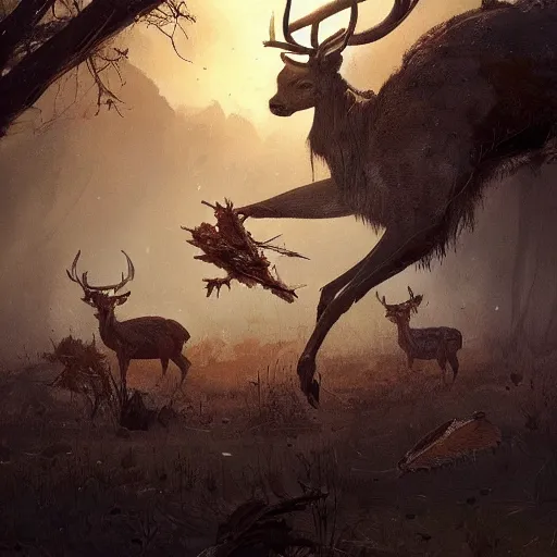 Image similar to !dream pile of dead deers and birds falling out of it, a concept art in style of Greg Rutkowski, John Singer Sargant, painted by Frank Frazetta, trending on artstation