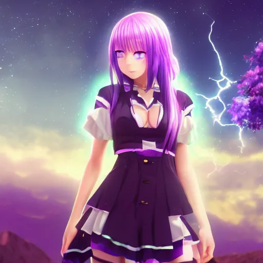 3D rendering of an anime teenager girl with purple hair in an
