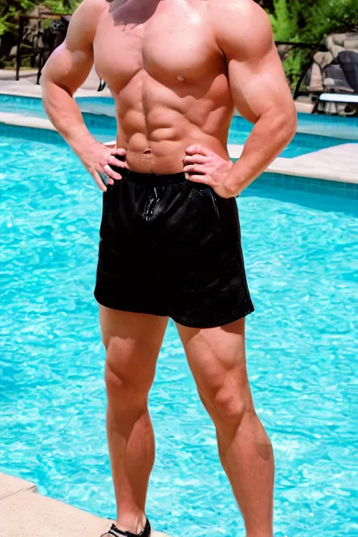 Image similar to a handsome male humanoid android with blonde hair, ken, muscular wearing a cut-off black crop top and short light pink shorts standing by a swimming pool, shiny glossy skin