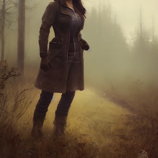 Image similar to fallout 5, charismatic beautiful rugged brunette female protagonist, portrait, outdoors foggy country road, atmospheric lighting, painted, intricate, volumetric lighting, beautiful, cold morning, overcast weather, sharp focus, deep colours, ultra detailed, by leesha hannigan, ross tran, thierry doizon, kai carpenter, ignacio fernandez rios