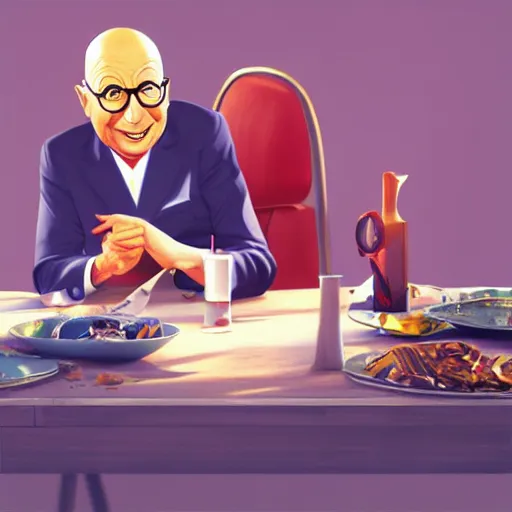 Prompt: EAT ZE BUGS with Klaus Schwab, stylized surrealism by Pixar