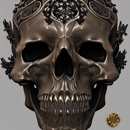 Prompt: human skull ornated with horn, filigree, patina, bronze, ornaments, 3 d design for tattoo, hyper maximalist, elegant, ornate, luxury, elite, symmetrical, unreal engine, 3 d design
