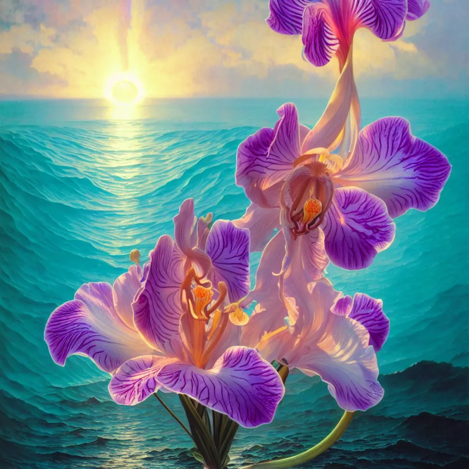 Image similar to detailed giant pastel holographic orchid iris hybrid flower surrounded by ocean waves, lsd water, lsd ripples, droplets, backlit, sunset, refracted lighting, art by collier, albert aublet, krenz cushart, artem demura, alphonse mucha