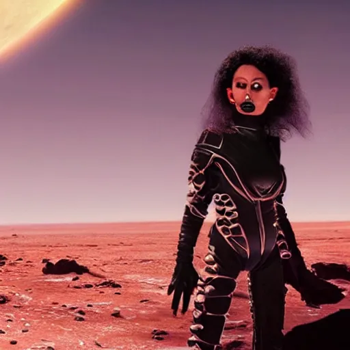 Image similar to portrait of mysterious humanoid, with hair like wisps of smoke, wearing gothy purple and black spandex suit, standing next to smashed spacecraft wreckage, on the orange surface of mars, highly detailed, dramatic lighting, photorealistic, movie still from Dune