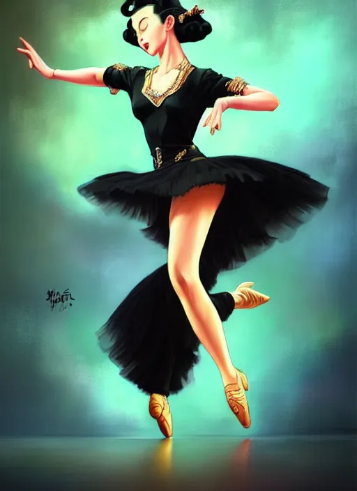 Prompt: a beautiful dancer with black hair in 1940's fashion, ballroom background, intricate, highly detailed, digital painting, artstation, official media, anime key visual, concept art, rich vivid colors, ambient lighting, sharp focus, illustration, art by Artgerm, Makoto Shinkai, Ilya Kuvshinov, Lois Van Baarle, and Rossdraws