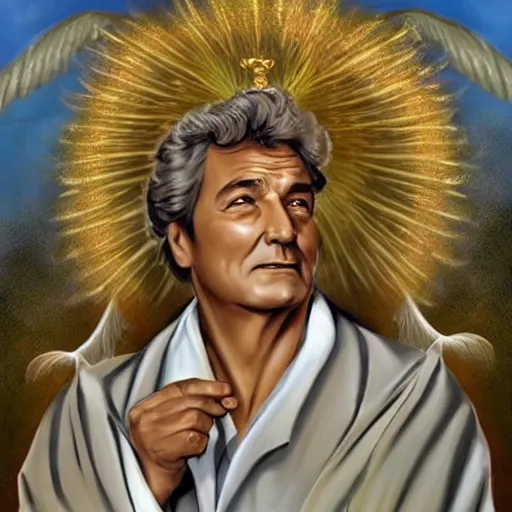 Image similar to columbo as an angel, white robes, wings, symmetrical face!!!!, round symmetrical eyes!!!, heaven!!!!!!!!, gold gates of heaven!!!!!!!!, clouds on ground!!!!!, fog!!!,, color, hdr