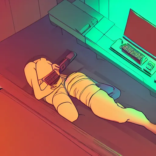 Image similar to aerial view photo of a guy laying on the floor of his bedroom looking at the camera, synthwave colors, computer, cell phone, video games, tv, knick knacks, faded effect, scribble anime, light, bright, no shadows, by moebius