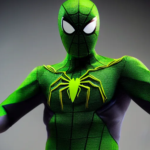 Image similar to green spider - man suit with black web lining, cinematic, volumetric lighting, realistic, hyperdetailed, photorealistic, photograph