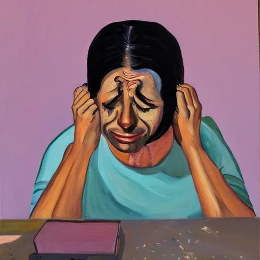 Image similar to a painting of an artist crying in front of a computer