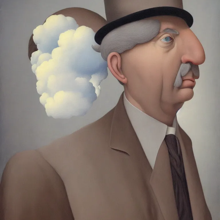 Image similar to portrait of a man whos head is a cloud, by rene magritte, detailed painting, hd, hq, high resolution, high detail, 4 k, 8 k