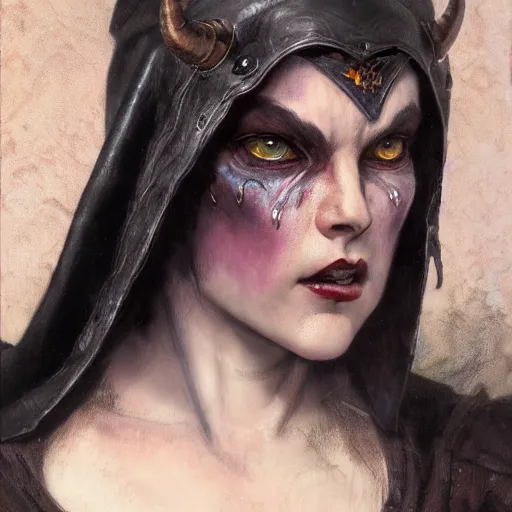 Prompt: closeup portrait of a surly and resentful female tiefling thief with grit and small horns clothed in leather armor and a cloak, angry expression, by Greg Rutkowski and John Collier and Krenz Cushart and Artem Demura and Alphonse Mucha and Albert Aublet, as seen on ArtStation, 4k, dungeons and dragons, very aesthetic, very detailed, intricate, unreal, fantasy, dramatic, painterly, artstation, sharp focus, smooth