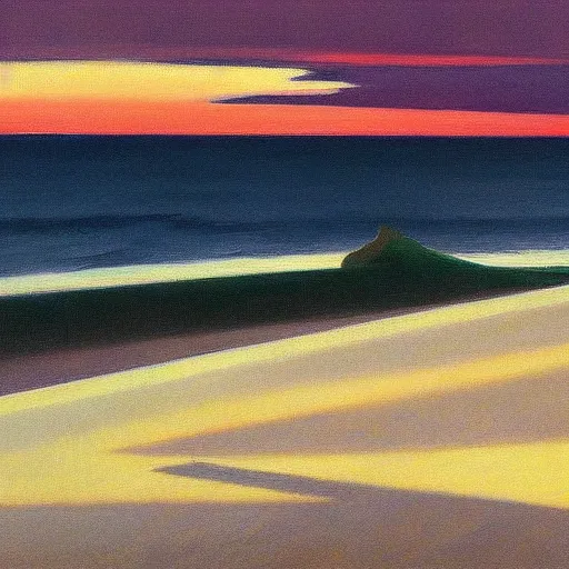 Image similar to a beautiful painting of a calm and serene sea landscape at sunset by edward hopper and hiroshi nagai, trending on artstation,