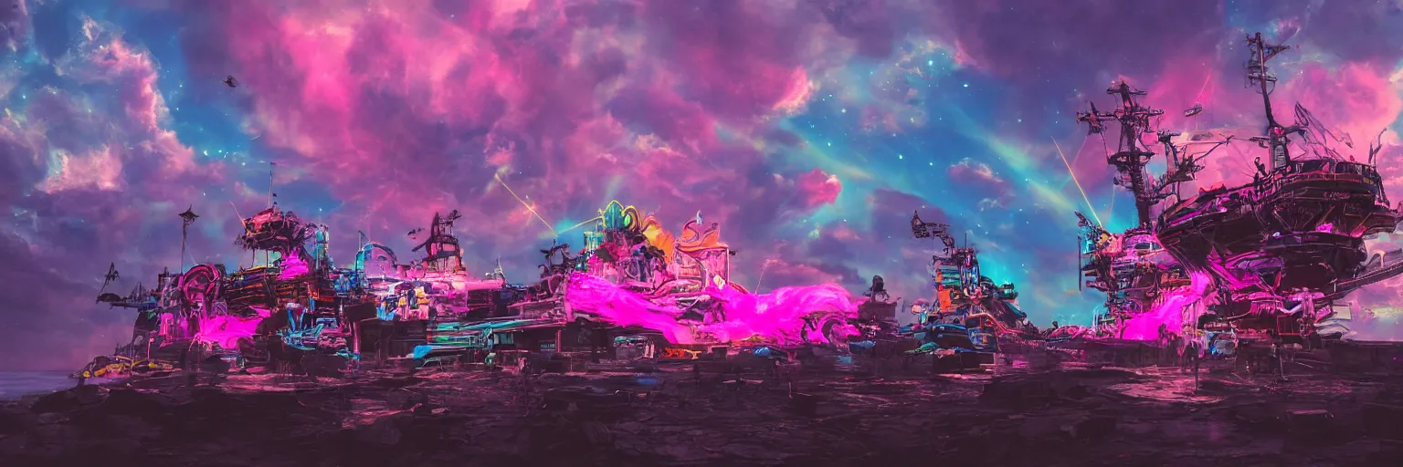 Image similar to space, dog, run, pirate neon ship with punks on board, mohawks, neon, oil painting, pink, rich deep colors masterpiece, ultra detailed, contrast, heaven pink, lots of roman arches, punk rock with mohawks, clouds, sky, volumetric light, atmospheric lighting, dramatic, cinematic, moody, octane render 4 k, 8 k