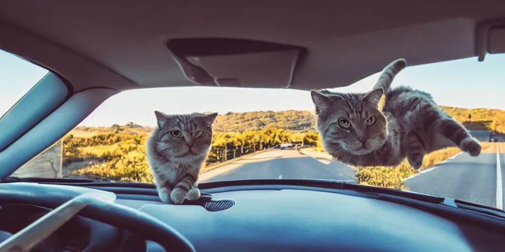 Prompt: birds eye view of convertible, cat homies chilling in car, paws on steering wheel, paw hanging out of window, golden hour, clear sky, unobstructed road