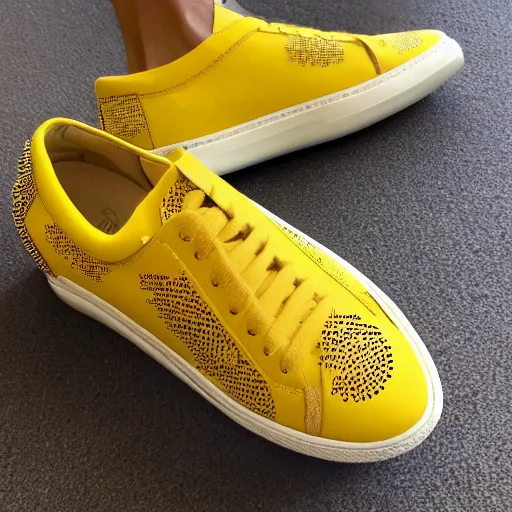 Image similar to yellow sneaker shoe full of holes that is made from Swiss cheese