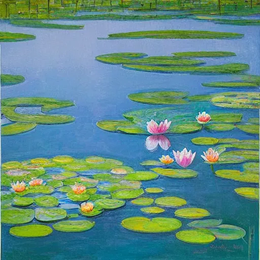 Image similar to A peaceful painting that shows a pond with water lilies floating on the surface. The colors are soft and calming, and the overall effect is one of serenity and relaxation. comatesque inlay by Chantal Joffe, by Jacek Yerka, by Ross Tran