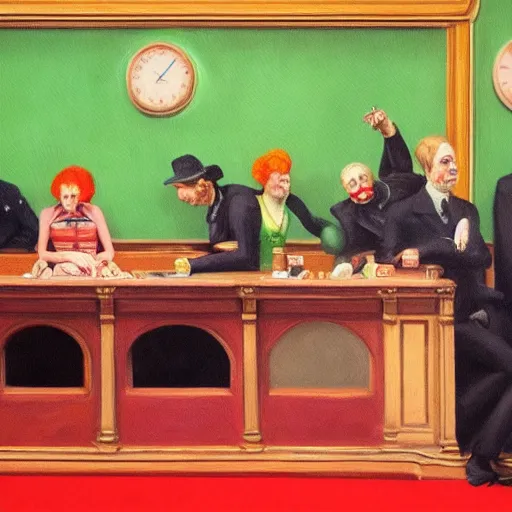 Image similar to a highly detailed fine art painting of multiple british members of parliament in the house of commons wearing clown costumes and smoking. in the style of edward hopper, richard hamilton. concept art. whimsical. green leather benches.