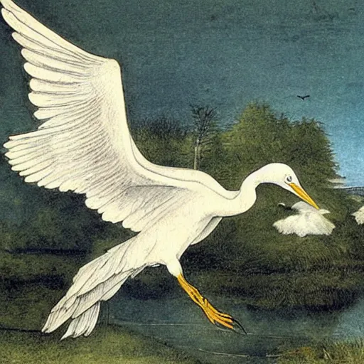 Image similar to a flying egret, by albrecht-durer