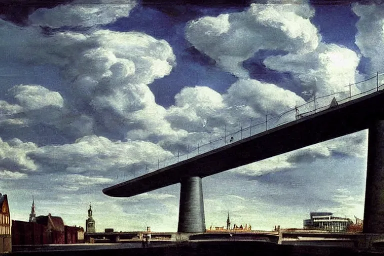 Prompt: dystopian nijmegen waalbrug, omnious hdr clouds, dramatic lighting, magic realism by carel willink, edward hopper, film still