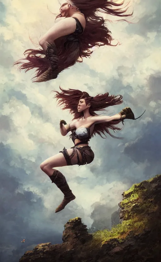 Image similar to photorealistic image of beautiful victorian female jumping gainer from a cliff fantasy warrior goddess, wind blown hair, seductive, confident, Neil Blevins, Frank frazetta, arney freytag, Magic the gathering,octane,