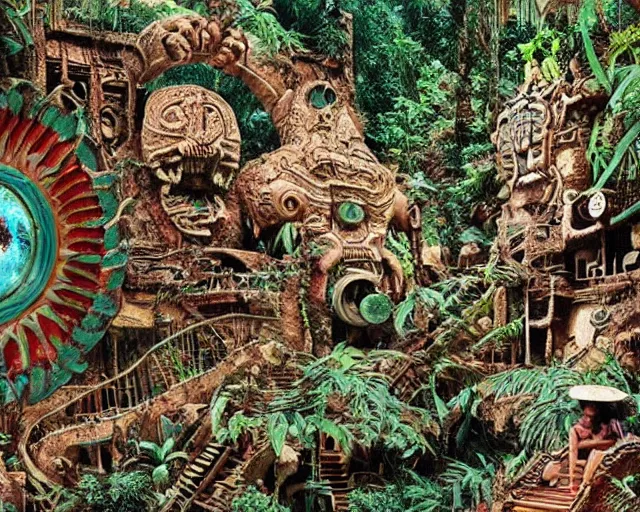 Prompt: mayan jaguar punk exploring an alien garden las pozas, 1 9 7 0's sci - fi, lofi technology, deep aesthetic colors, 8 k, highly ornate intricate details, extreme detail, cut out collage, william s burroughs