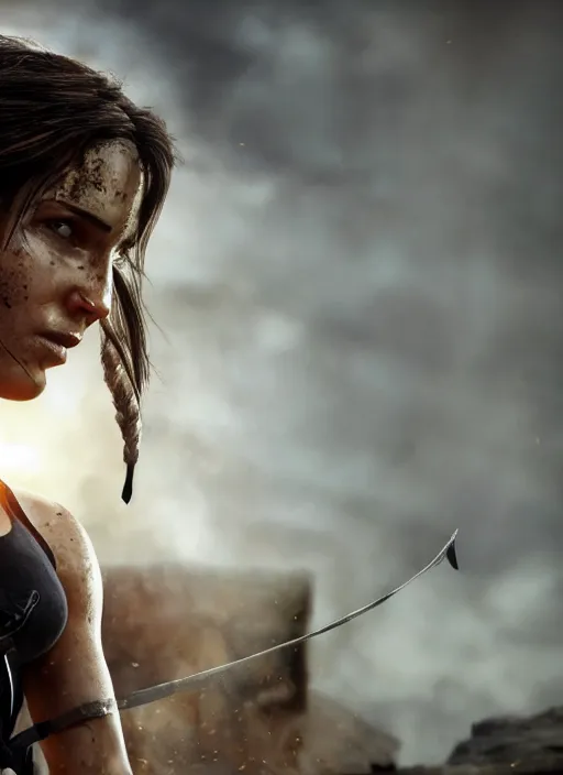 Image similar to a film still of lara croft as blacksmith, her face flushing and sweat, direct sun light, close up potrait, cinematic,