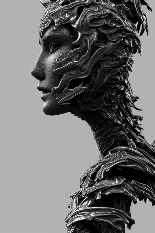 Image similar to bw close - up profile face, black background, beautiful young porcelain vegetal - dragon - cyborg - female, 1 5 0 mm, beautiful natural soft rim light, silver gold details, magnolia leaves and stems, roots, mandelbot fractal, elegant, ultra detailed, white metallic armour, octane render, h. r. giger style