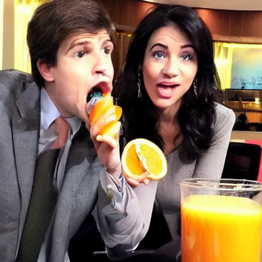 Image similar to “a tv anchor drinking orange juice in front of her shocked cohost”