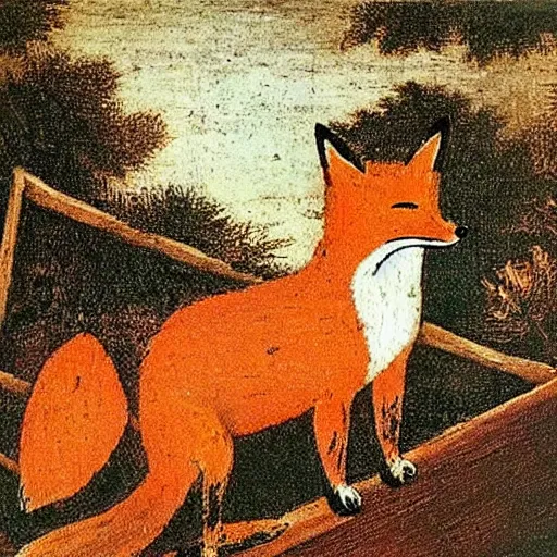 Prompt: one lone fox ontop a wooden fence, painted by da vinci