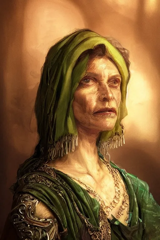 Image similar to portrait, headshot, digital painting, of a 17th century, beautiful, middle aged, middle eastern, wrinkles, decadent, cyborg merchant woman, dark hair, amber jewels, baroque, ornate dark green techwear clothing, scifi, futuristic, realistic, hyperdetailed, concept art, chiaroscuro, side lighting, art by waterhouse