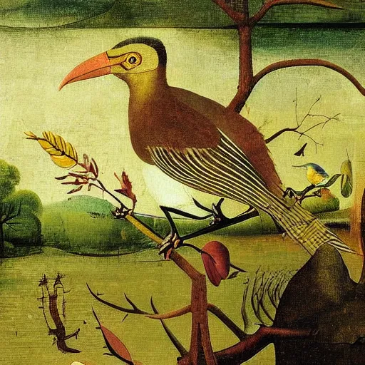 Image similar to A beautiful experimental art of a bird in its natural habitat. The bird is shown in great detail, with its colorful plumage and intricate patterns. The background is a simple but detailed landscape, with trees, bushes, and a river. bright yellow by Jack Davis, by Hieronymus Bosch rich