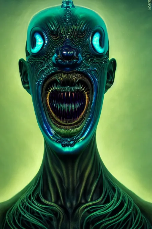 Image similar to portrait of a bioluminescent creature with wicked grin, dark retrowave, highly detailed, asymmetrical artwork, cinematic, hyperrealism, art by zdzisław beksinski and stanley lau and artgerm and magali villeneuve and alphonse mucha, artstation, octane render, unreal engine, 8 k, aperture f 1. 2