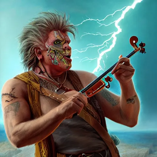 Image similar to detailed photo of a Half-orc bard portrayed by Gary Busey playing a fiddle, 8k,by Tristan Eaton, Stanley Artgermm, Tom Bagshaw, Greg Rutkowski, Carne Griffiths, trending on DeviantArt, face enhance, hyper detailed ,full of color, dramatic lightning, epic stance