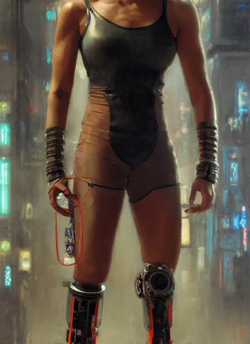 Image similar to buff cyberpunk olympic kickboxer with robotic legs wearing a jumpsuit ( blade runner 2 0 4 9, cyberpunk 2 0 7 7 ). orientalist portrait by john william waterhouse and james gurney and theodore ralli and nasreddine dinet, oil on canvas. cinematic, hyper realism, realistic proportions, dramatic lighting, high detail 4 k