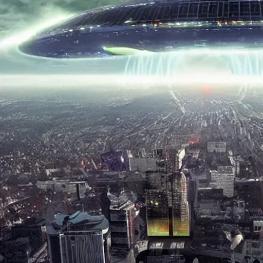 Prompt: An enormous ominous alien spaceship dramatically entering Earth\'s atmosphere above the city of Ljubljana, movie still from the movie Independence Day 3 (2022), Oscar winning special effects and cinematography, 4k