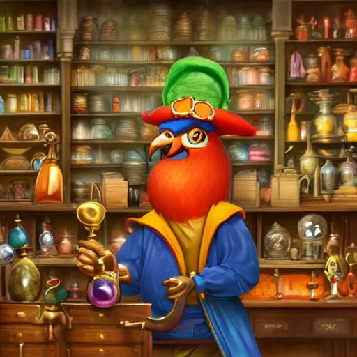 Image similar to Anthropomorphized parrot trader in his shop, shelves full, shining warm lamp, shelves full, selling a gem, portrait, items, magic potions, carpet, window, fancy funny hat, sly expression , cunning expression, cute expression, presenting magic gem, D&D, fantasy, cinematic lighting, highly detailed, digital painting, artstation, concept art, smooth, sharp focus, illustration, warm light, cozy warm tint, magic the gathering artwork, volumetric lighting, 8k, no gold, no gold colours, art by Akihiko Yoshida, Greg Rutkowski