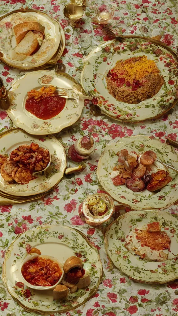 Image similar to 7 0 s food photography of an opulent meal on a crushed velvet tablecloth