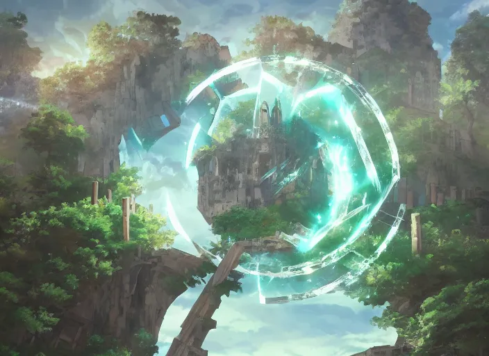 Prompt: ruins of the hexagonal portal of green lightnings, anime fantasy illustration by tomoyuki yamasaki, kyoto studio, madhouse, ufotable, square enix, cinematic lighting, trending on artstation