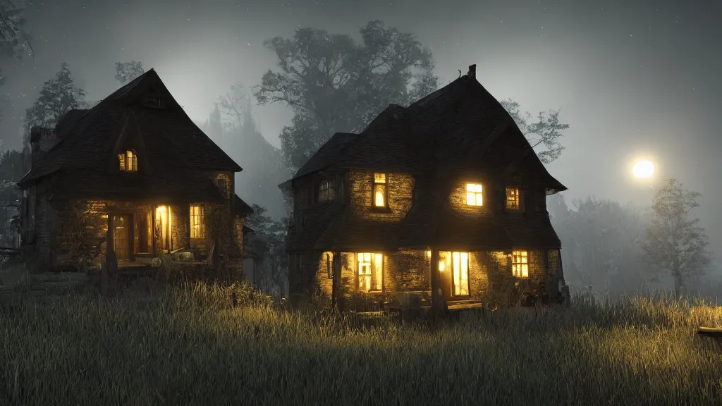 Image similar to A dark shadowy cottage at night, hyperrealistic, Cryengine 8k UHD