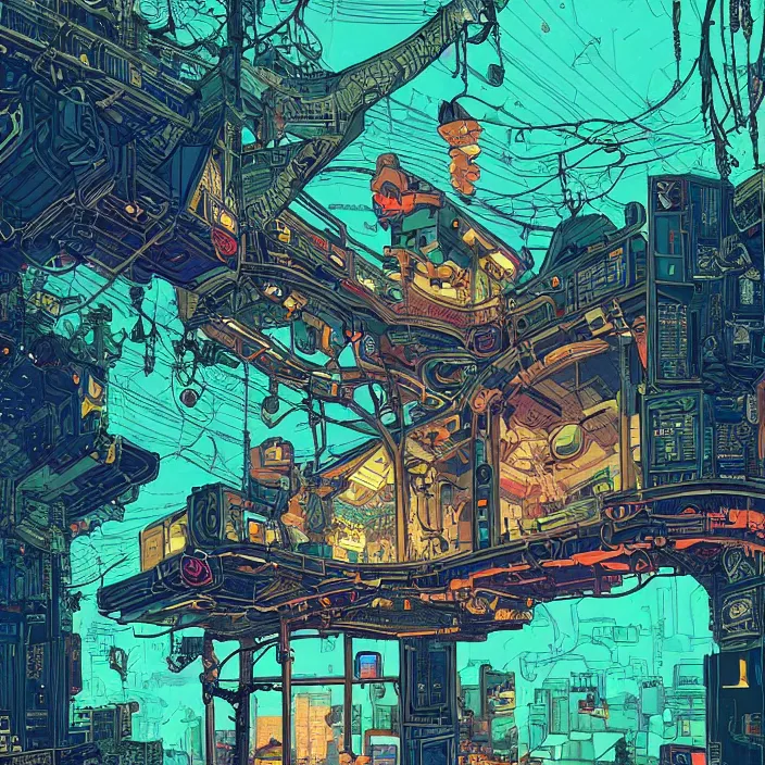 Image similar to Stunningly intricate illustration of a cyberpunk explorer playing video games in his treehouse, highly detailed, midnight, by Victo Ngai and James Gilleard , Moebius, Laurie Greasley