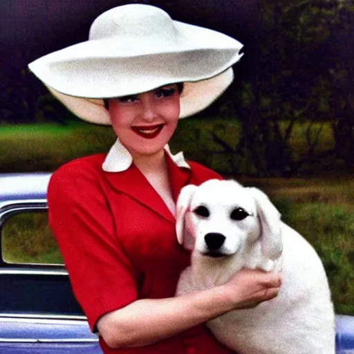 Prompt: a pin up driving with her white dog and big hat, award winning, 1 9 5 0 s